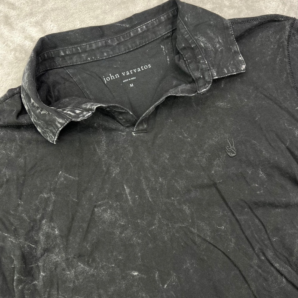 John Varvatos Polo Shirt Men Medium Black Acid Wash Slub Peace Logo Pique Collar